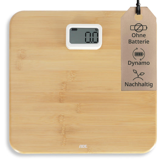 ADE Digital Body Scale without Battery | Environmentally friendly dynamo drive | Precise weighing results in 100 g increments | Weighing surface made of real bamboo wood | up to 150 kg