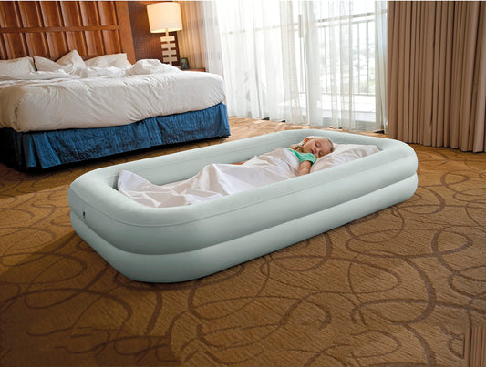 INTEX KidzTravel air mattress for children aged 3-6 years (71×132×10 cm) - Inflatable kids travel bed with built-in bumpers, including air pump. Mint green with star design.