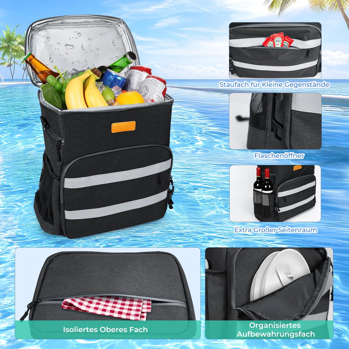 kiximay 30L Large Foldable Cooler Bag - Cooler Bag for Food & Drinks, Picnic Cooler Bag, Insulated Thermal Bag, Car Cooler Bag for Beach/Picnic/Camping/BBQ