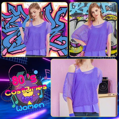 WILDPARTY 80s 90s Outfit Women, Mesh Shirt, Tank top, Leg warmers, Fishnet gloves, Costume 80s Mesh top Women Tops Neon Shirt 80s Aerobic Outfit Clothing Theme Party Clothes