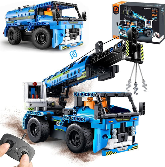 OKKIDY Remote Control Crane Truck Building Toy, 2-in-1 Tech STEM Engineering Brick Set for 6 7 8 9 10 11 12+ Year Old Boys Girls, Construction Crane Truck Birthday Gifts for Kids