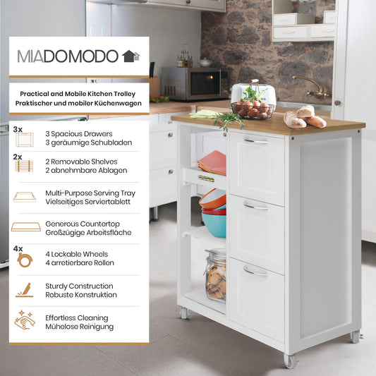 MIADOMODO® Kitchen Trolley on Wheels - 3 Drawers, 3 Levels, Worktop, Wood/MDF, 67x37x87cm, White - Serving Cart, Rolling Cart, Kitchen Trolley, Country Style Kitchen Cabinet, Side Cart, Kitchen Shelf