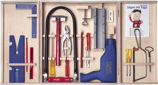 Pebaro 408PL quality fret saw cabinet, 28 pieces, complete set in wooden cabinet, steel tools, fret saw bow made in Germany, drilling machine, crafting with wood, fret sawing, gift idea for children.
