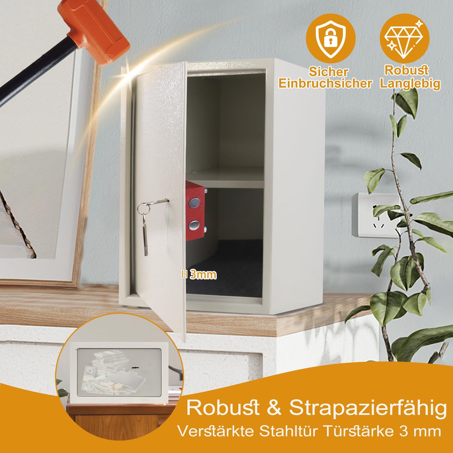 YRHome furniture safe XL-35x31x50cm with 2 key lock & mounting screws. Floor-wall safe money cabinet Beige.