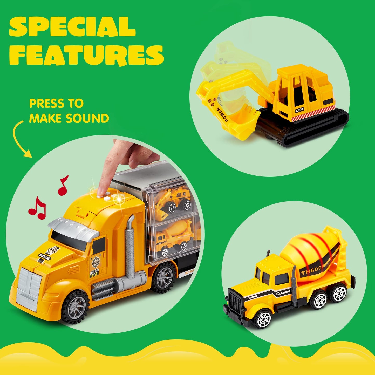 JOYIN 25-in-1 Die-cast Construction Vehicle Toy Set (including transport truck, excavator, dump truck, tractor) with sounds and lights in the transporter, kids gifts for boys aged 3 and up.