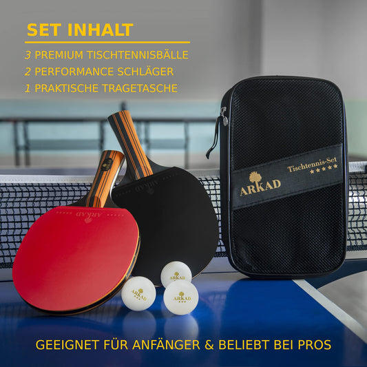 ARKAD Table Tennis Set [Premium] • Table tennis racket set including high-quality table tennis balls & table tennis racket case • Complete table tennis racket set with strong grip