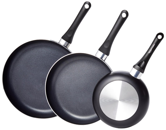 Amazon Basics 3-Piece Non-Stick Frying Pan Set, Sizes: 20 cm, 25 cm, and 30 cm, Black