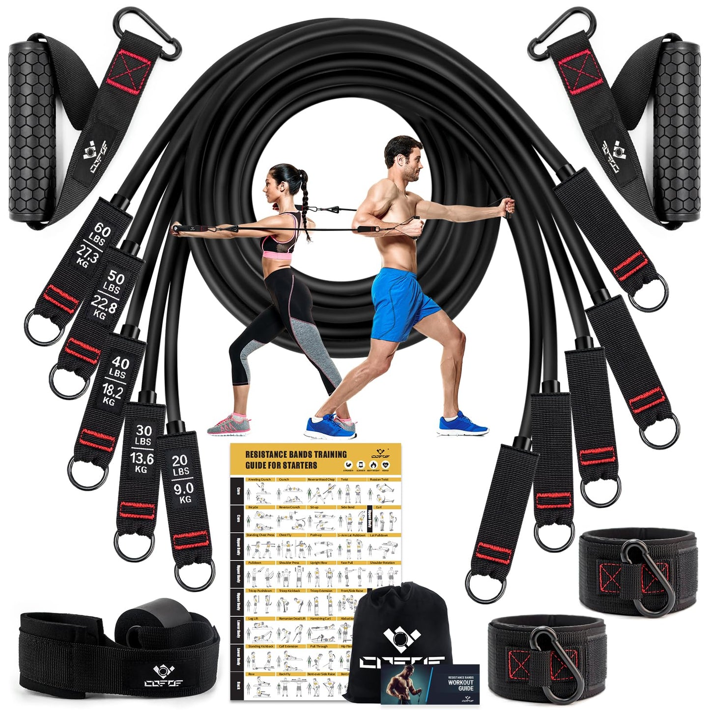 Resistance Bands Set, 5 fitness bands expander tube bands with large handle ankle strap door anchor attachment carrying bag, ideal for Pilates strength training.
