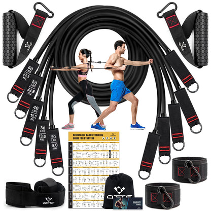 Resistance Bands Set, 5 fitness bands expander tube bands with large handle ankle strap door anchor attachment carrying bag, ideal for Pilates strength training.