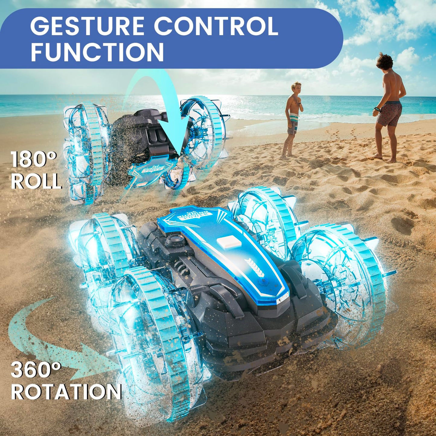 Tecnock Amphibious Remote Control Car, 4WD 360° Rotating Gesture Sensor Stunt RC Car with Lights, Remote Control Boat with Waterproof Remote, Gifts Toy for 3-8+ Years (with Watch)