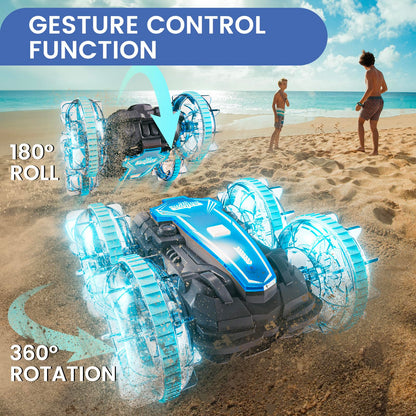 Tecnock Amphibious Remote Control Car, 4WD 360° Rotating Gesture Sensor Stunt RC Car with Lights, Remote Control Boat with Waterproof Remote, Gifts Toy for 3-8+ Years (with Watch)