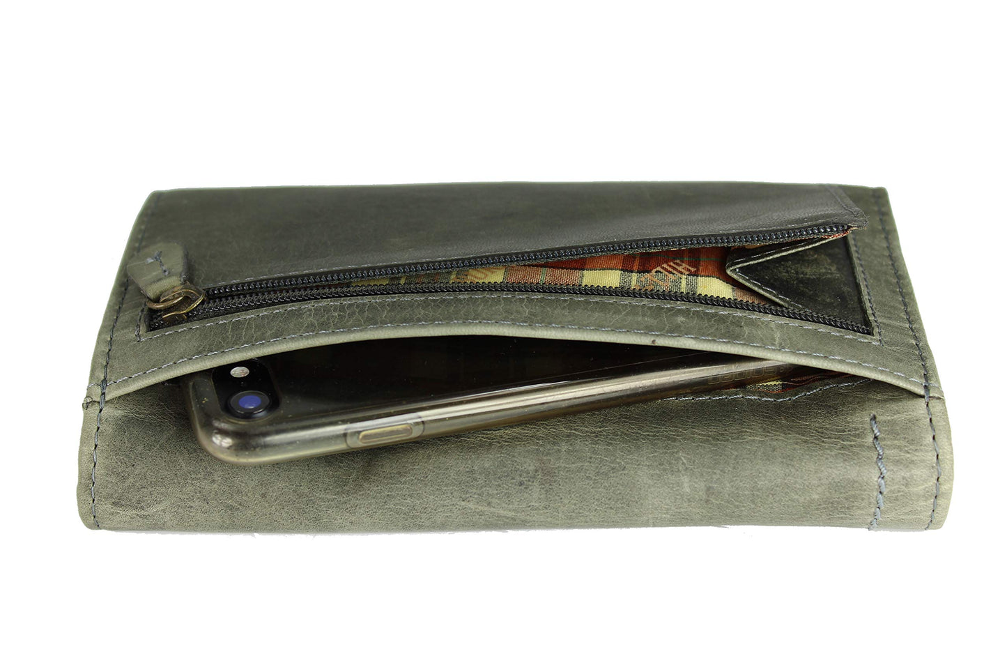 High-quality vintage leather women's wallet purse long wallet purse made of soft leather with RFID in grey - 17.5x10x3cm (W x H x D)