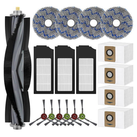 18-piece replacement accessory set for Ecovacs Deebot X1 OMNI/ X1 e OMNI/ X1 Turbo robot vacuum parts, including 1 main brush, 6 side brushes, 3 Hepa filters, 4 mopping cloths, and 4 dust bags.