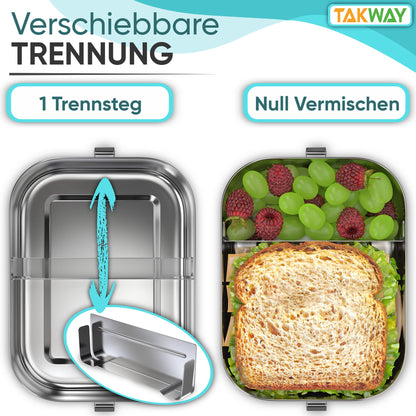 TAKWAY stainless steel lunchbox for kids with compartments 800ml | Leakproof | Bento box with adjustable dividers | Snack box lunchbox for kindergarten school (soccer, divider)