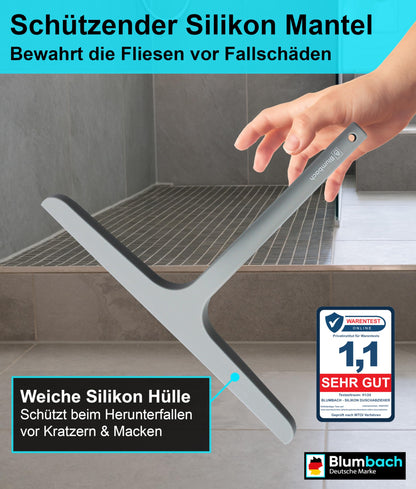 BLUMBACH® Shower Squeegee in grey, 28 cm wide with holder, silicone squeegee with stainless steel core, for shower walls and glass, perfect for wiping off water after a shower.