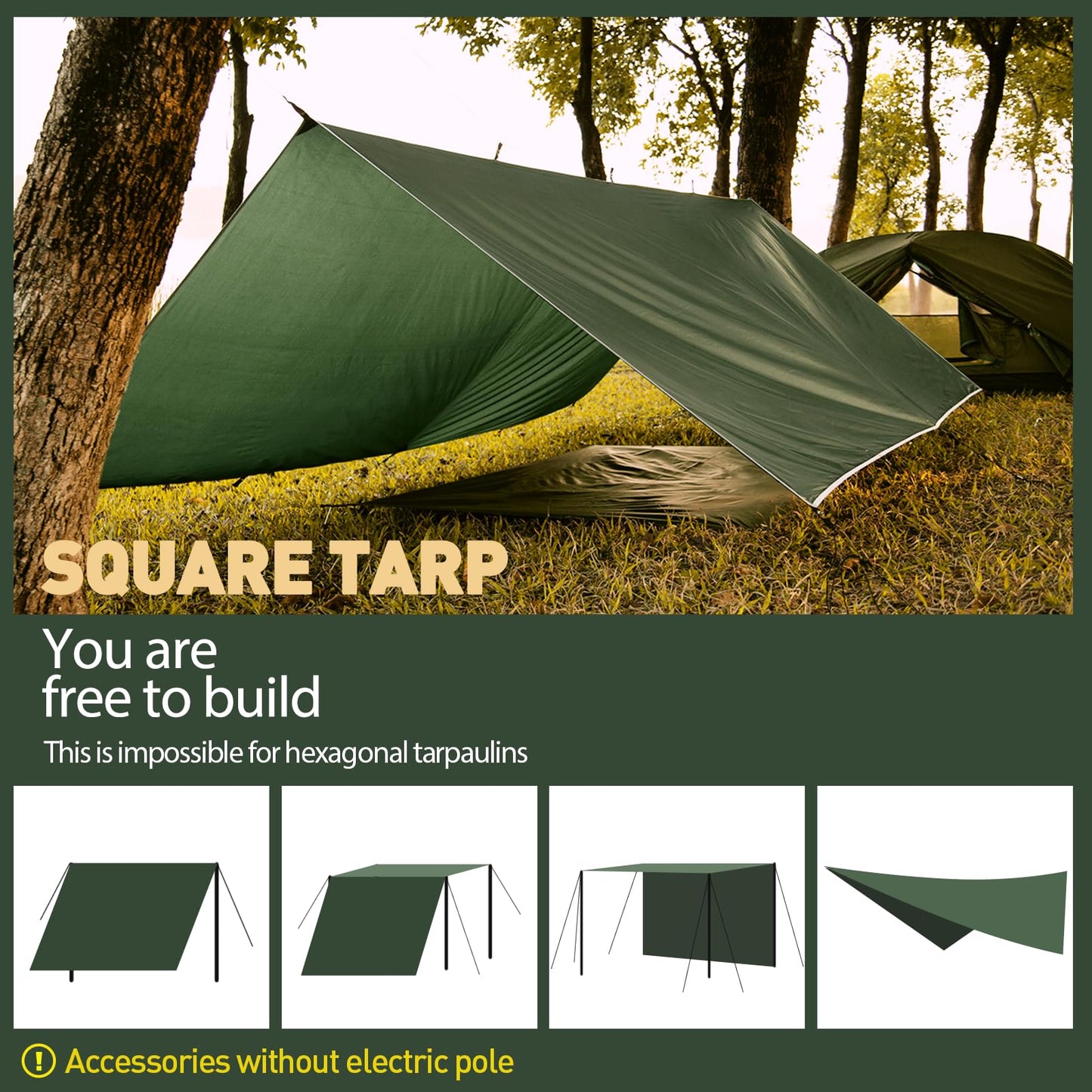 VOSOIR Tarp 3x4M Waterproof, Ultralight Camping Tent Tarp, with 15 Eyelets+6 Aluminum Pegs+8 Nylon Ropes, Anti-UV Snow Rain Protection, Lightweight Compact for Hammock Camping Picnic Hiking (Dark Green)