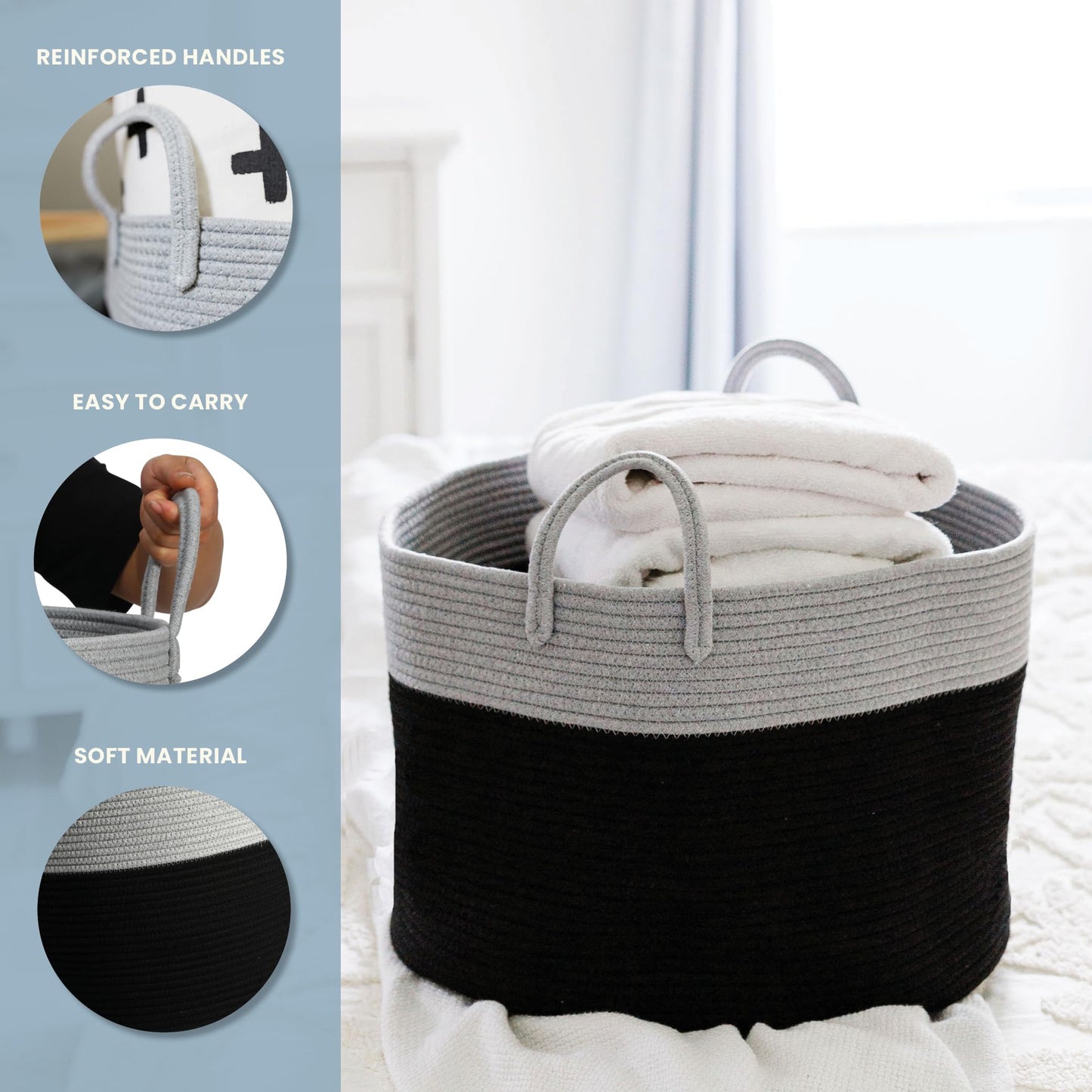 OrganiHaus Large woven storage basket made of cotton with handles, toy basket for kids' room, laundry basket for blankets, pillows, clothes, handwoven basket for living room - 50x33 cm, Black/Gray