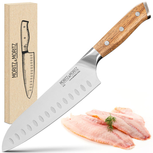 Moritz & Moritz Santoku Knife 18 cm - Professional chef's knife in Japanese style with extra sharp blade - Kitchen knife for meat, sushi etc. - Ergonomic acacia wood handle - German knife steel