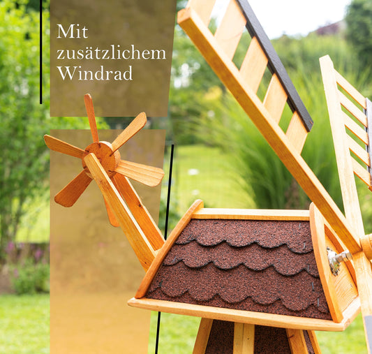 Windmill 3 stories ball bearing 1.40 m Bitum red with solar lighting, with extra wind turbine at the back, impregnated, adjustable ball bearings