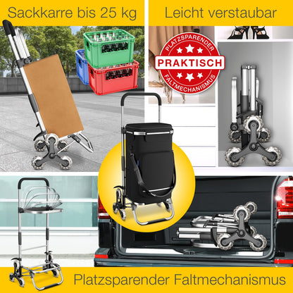 ELONEO Shopping trolley with cooler compartment, foldable shopping cart, adjustable height, reflectors, removable 43 L bag, stair climber trolley in black.