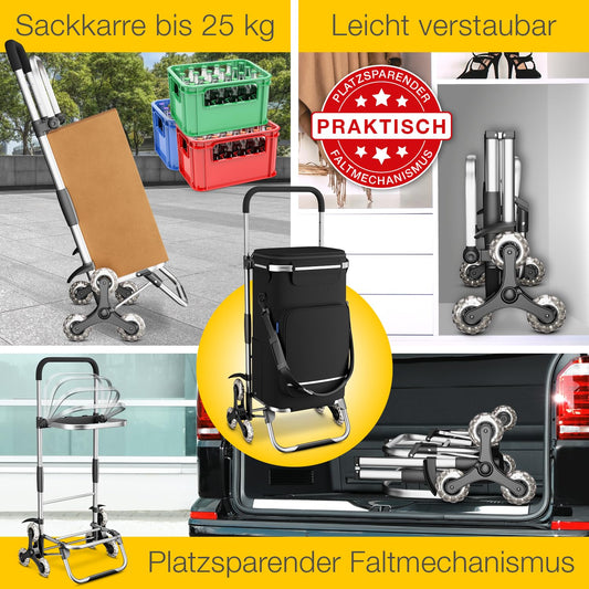 ELONEO Shopping trolley with cooler compartment, foldable shopping cart, adjustable height, reflectors, removable 43 L bag, stair climber trolley in black.