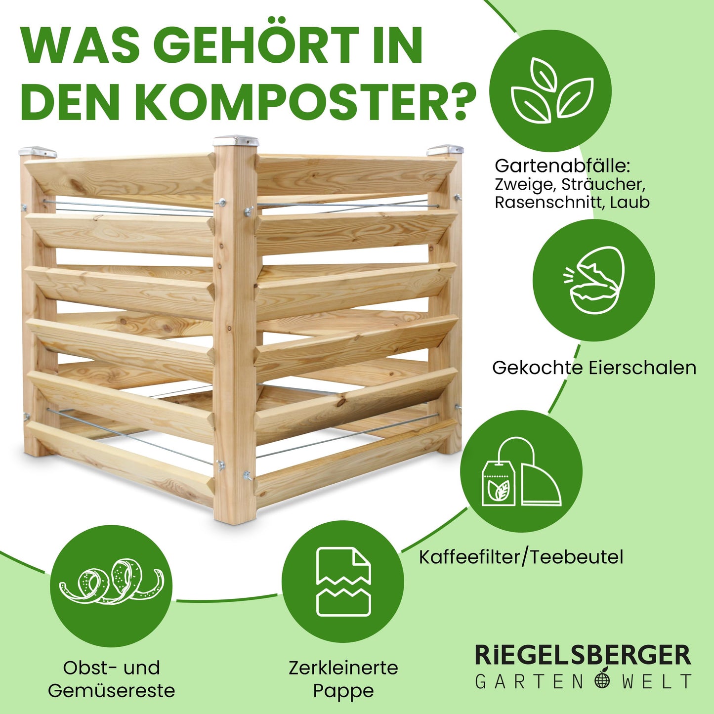 Modern compost bin made of solid larch wood, dimensions approximately 80x80 cm with a height of 80 cm. Easy-to-assemble composting system.