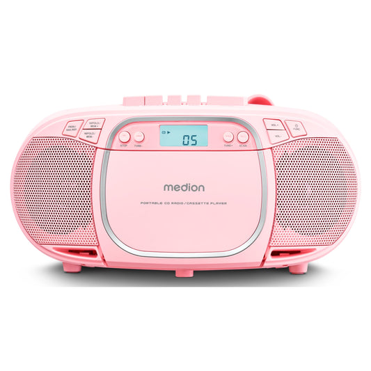 MEDION E66476 Stereo Sound System (Boombox, CD player, MP3, cassette, portable cassette player for kids, FM radio, AUX, headphones, mains & battery operation) Pink