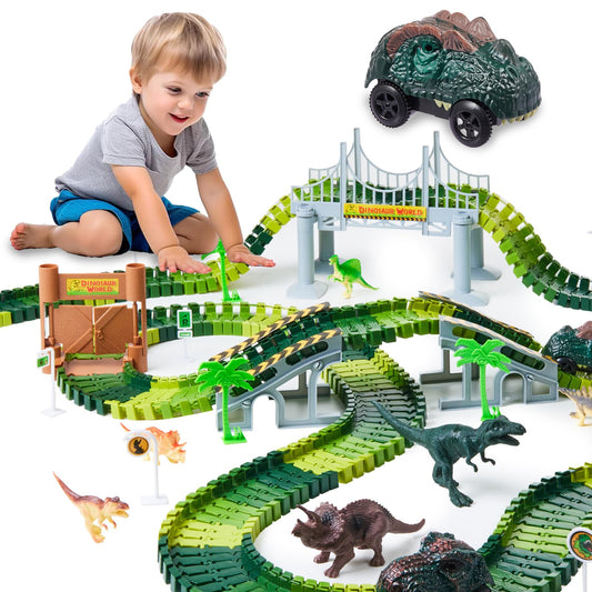 Gleamkid Dinosaur Toys Car Racing Track, Flexible Car Racing Track Railway Playset, Dino Cars Toy, Racing Track Set with many parts, Gift for Kids