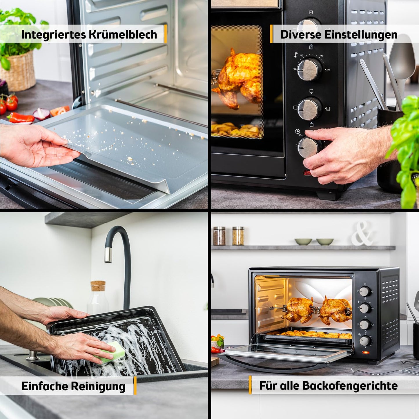 TZS First Austria - Mini Oven 60L 2000W - Mini Oven Pizza Oven Temperature control up to 230°C & 6 modes - Spacious mini oven with 60 Min. Timer, 4 rack heights, baking tray, grill rack & rotisserie