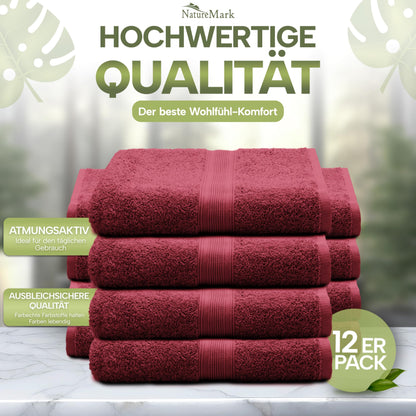 NatureMark guest towels - 12 pack (30x50 cm), 100% cotton, Oeko-Tex certified, soft, absorbent, and easy to care for - for bathroom, guests & spa - Bordeaux Red