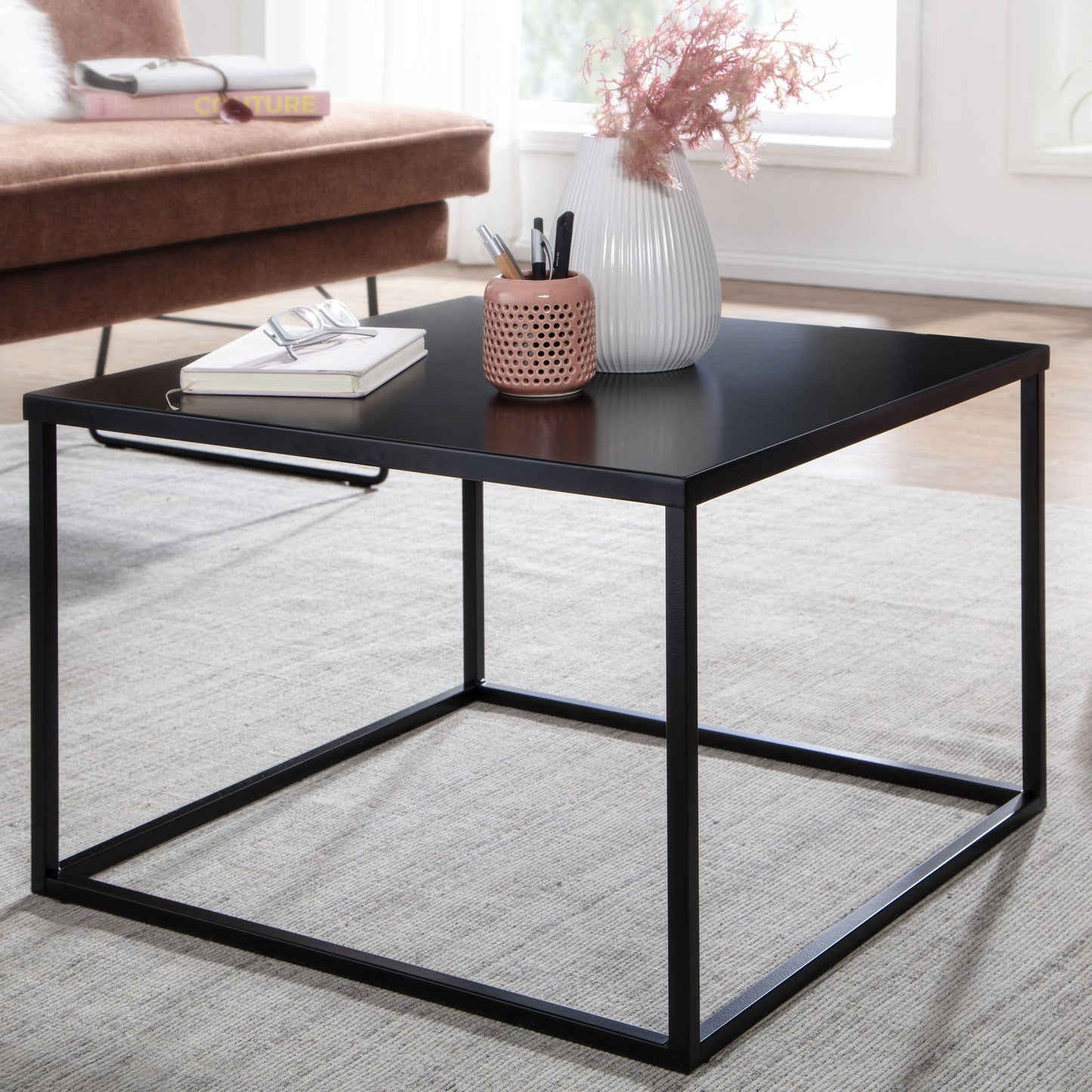 FineBuy coffee table 60x60x40 cm metal living room table industrial black, square side table, lounge table steel, square end table