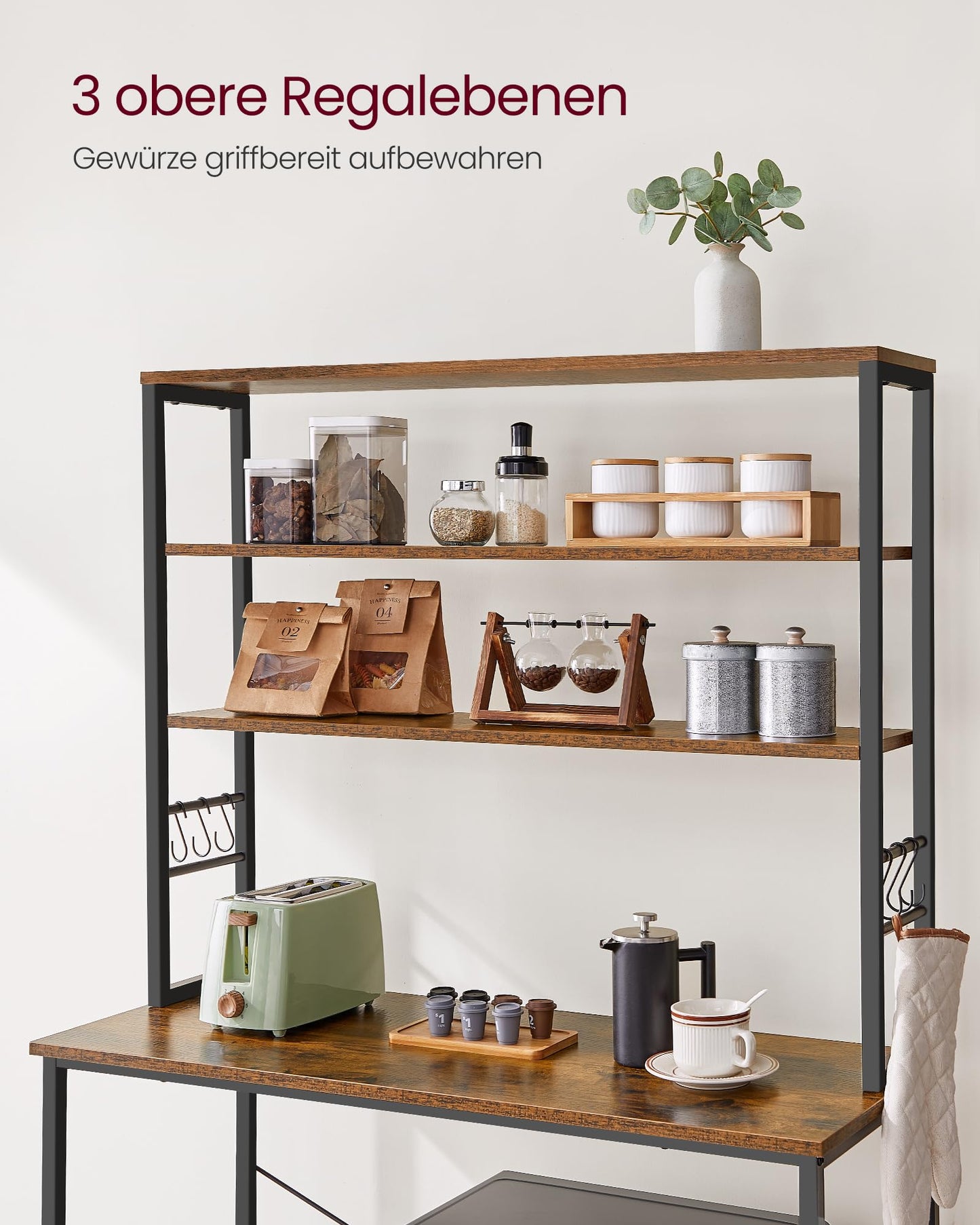 VASAGLE Kitchen Shelf, shelving unit, microwave shelf, standing, 6 shelves, 6 hooks, steel frame, industrial design, 40 x 100 x 167 cm, vintage brown-ink black KKS039K01