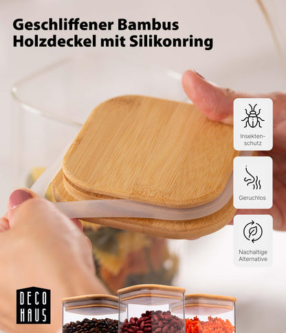Deco house® set of 6 square glass jars with lids and labels - airtight glass storage containers with wooden lids for storing muesli and other goods.