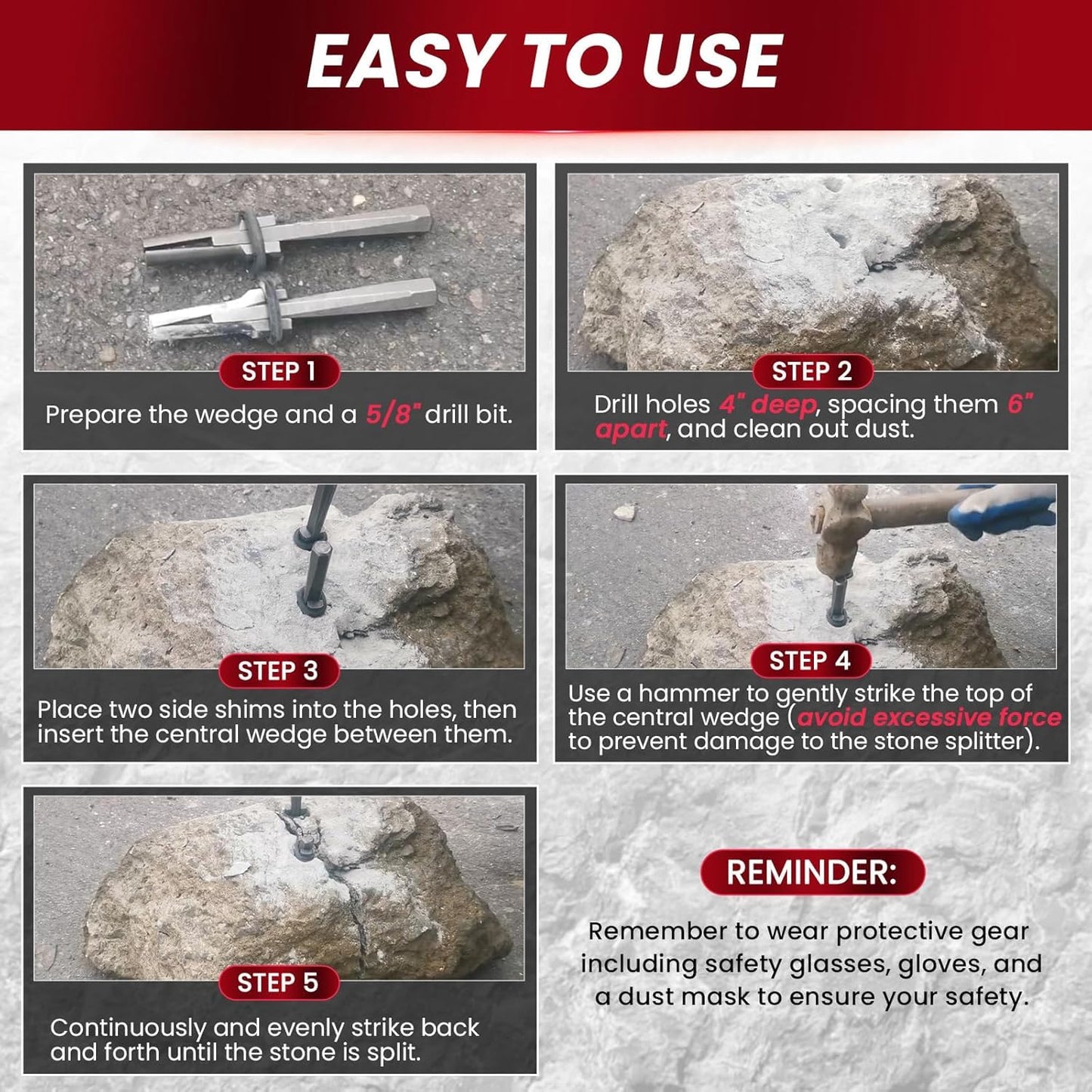 Uadme Stone Splitter, 10 pieces 16mm/0.6 inch Hand Splitters for concrete stone granite marble concrete gneiss sandstone slate, plug and feathers, tools for splitting rocks.