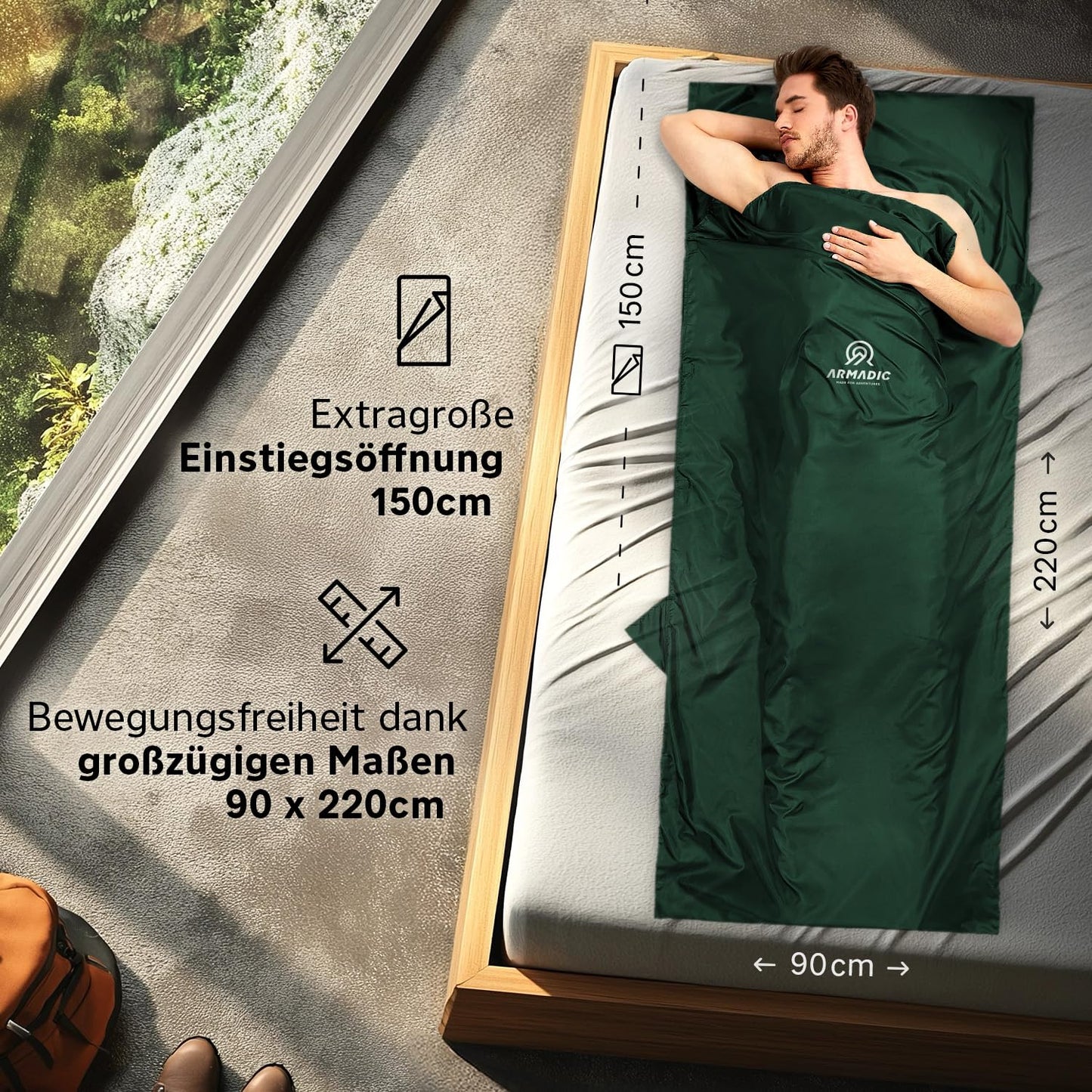 Armadic Microfiber Sleeping Bag (only 230g) - Ultra-lightweight, compact and thin. Travel sleeping bag, sleeping bag liner, inlay I Ideal for backpacking, hostels and mountain huts (Olive Green)
