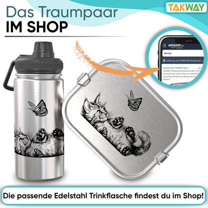 TAKWAY Stainless Steel Lunch Box for Kids with Compartments 800ml | Leakproof | Bento Box with Adjustable Dividers | Snack Box for Nursery School (Cat, Divider)