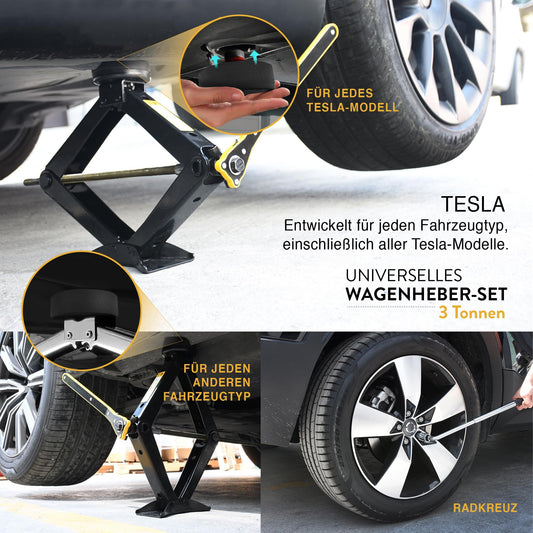 Jack with wheel brace & Tesla pad and universal rubber pad 3 tons (3000 kg) - scissor jack for car and SUV - car jack set - portable, ideal for maintenance and repair
