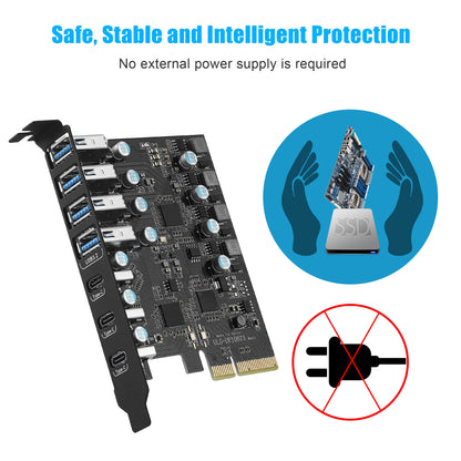 PCIe USB 3.2 Gen 2 card with 7 ports (4A + 3C), 10Gbps PCIe USB 3.2 card internal for desktop PC.