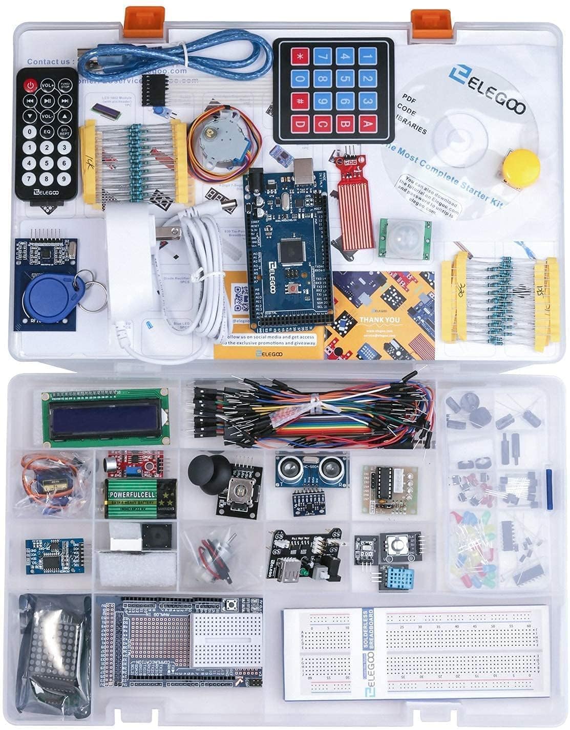 ELEGOO MEGA-R3 Starter Kit for Arduino projects. Ultimate starter kit with German tutorial, MEGA-R3 microcontroller, and various electronic accessories.