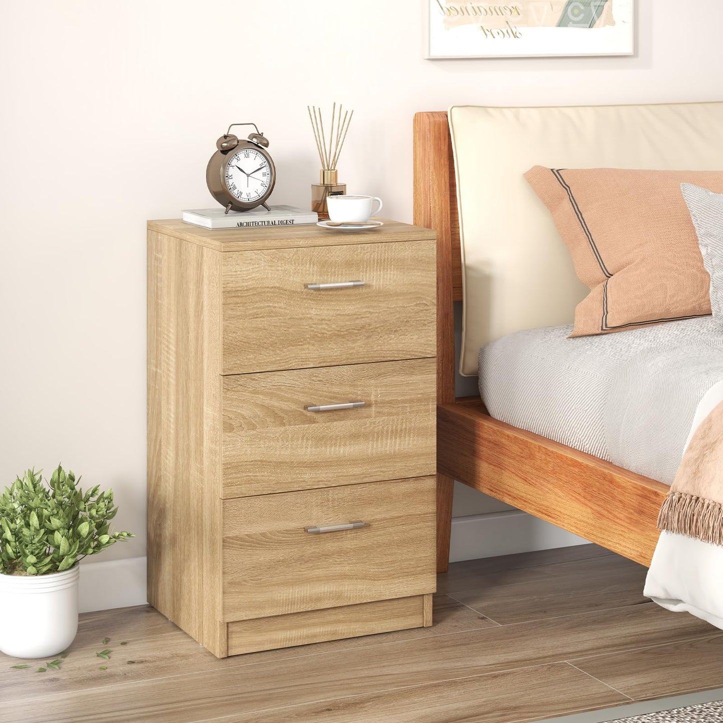 COSTWAY bedside table with 3 drawers, nightstand for boxspring bed, nightstand, night console, side table for bedroom, living room, 38 x 35 x 66 cm, natural