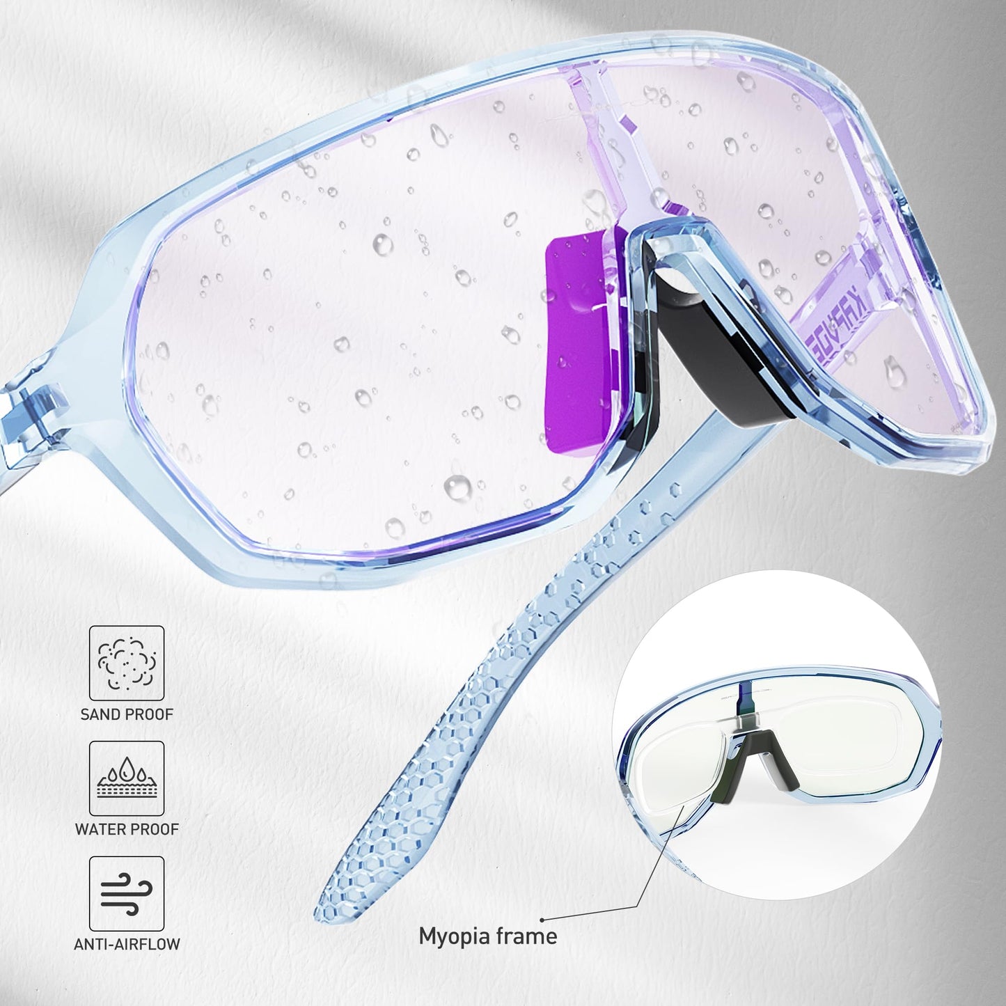 KAPVOE self-tinting cycling sunglasses for men and women. Ideal for fast cycling, running, and mountain biking with UV protection. Model K63.