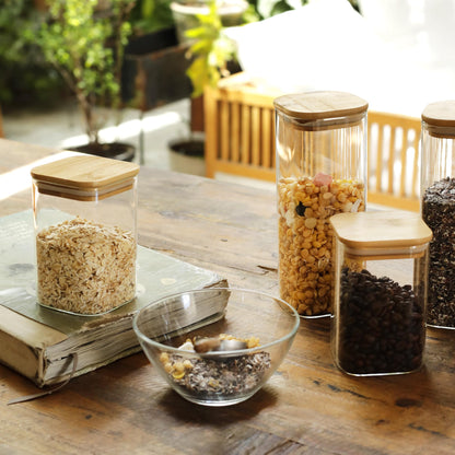 LIBWYS 16-piece set of storage jars with bamboo lids, square glass storage containers - in 2 sizes: 1000ml; 600ml