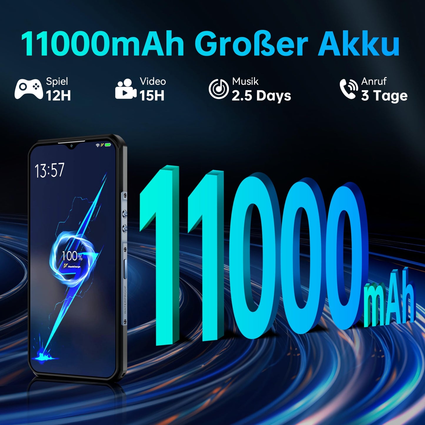 OUKITEL WP35 Outdoor Smartphone 5G - Android 14 rugged phone 11000mAh, 24GB RAM + 256GB ROM Waterproof construction phone 6.6 inch, 64MP+32MP+8MP night vision camera, NFC/GPS/Fingerprint/Face ID, Green