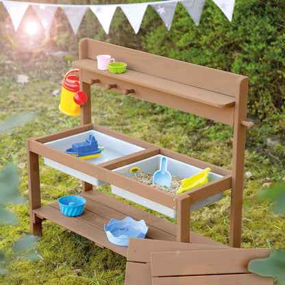 Roba Kids Outdoor Garden Kitchen Fun -Wooden Mud Kitchen with Removable Cover - 2 Plastic Tubs & Shelf - Weatherproof Work Table/Outdoor Play Kitchen - Teak, 1 Piece (1 Pack)