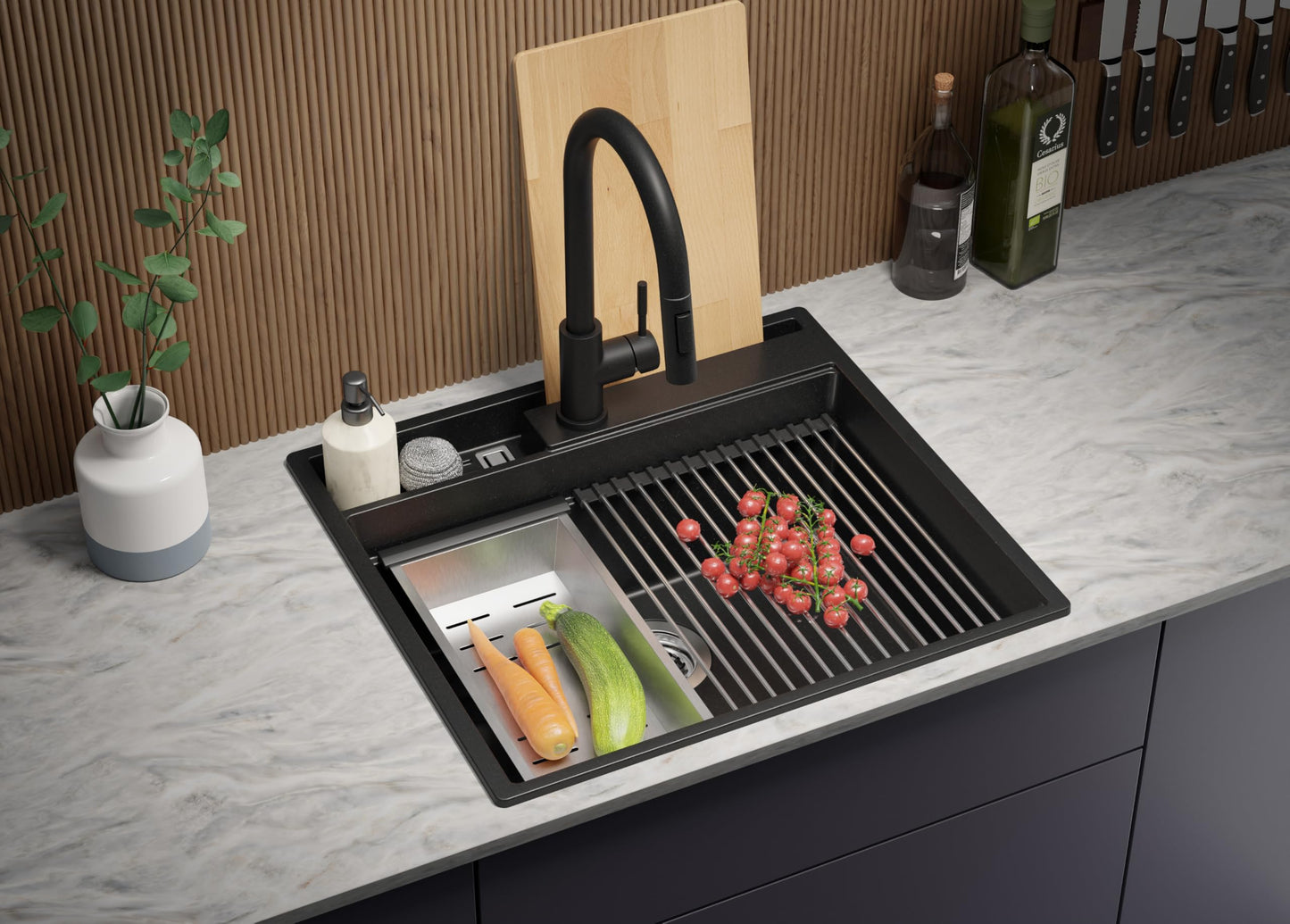 PRIMAGRAN Granite Sink All Black 58x53cm, Granite Sink 1 Bowl + Drain Set + Kitchen Accessory Set, Kitchen Sink for 60cm Base Unit - Oslo Pocket S153