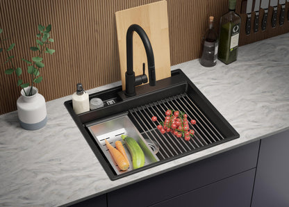 PRIMAGRAN Granite Sink All Black 58x53cm, Granite Sink 1 Bowl + Drain Set + Kitchen Accessory Set, Kitchen Sink for 60cm Base Unit - Oslo Pocket S153