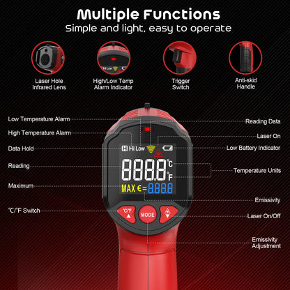 Infrared thermometer, SQECH temperature measuring device -50℃~600℃ (-58℉~1112℉), with adjustable emissivity and colored backlight, for cooking, pizza oven, refrigerator, industrial (Red)