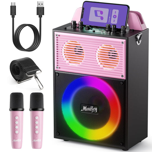 Moukey Karaoke Machine for adults and kids, portable PA system, Bluetooth party speaker with 2 wireless microphones and disco light, TWS/AUX/USB/TF/FM, Echo/Treble/Bass adjustment - MPS4 Pink