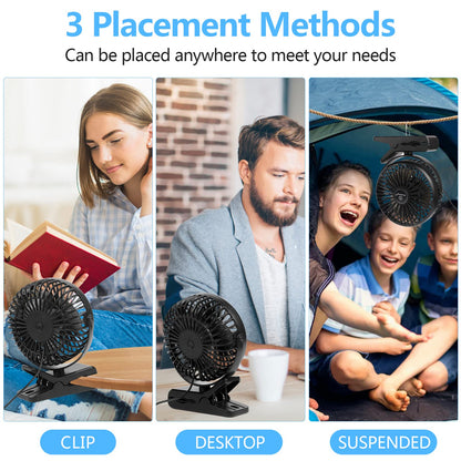 Dreamhigh® Mini USB Fan, 360° Rotatable Portable Clip Fan, 3 Speeds, Quiet Desk Fan for Desktop, Home, and Office, Black (USB Powered)