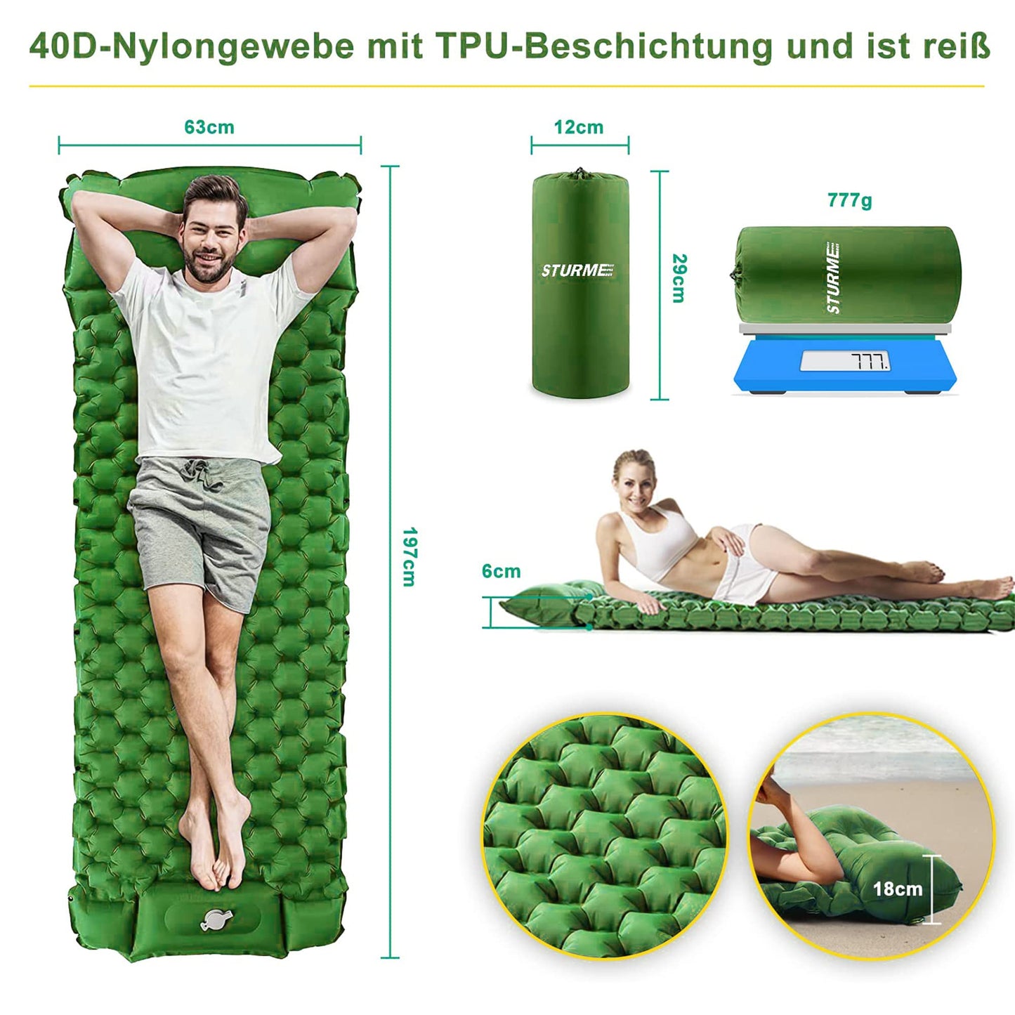 STURME Camping Mat Self Inflating Sleeping Pad with Foot Pump, Outdoor Inflatable Air Mattress Ultralight Sleeping Pad, Durable Mattress, Foldable Sleeping Mat with Pillow for Hiking, Outdoor - Green